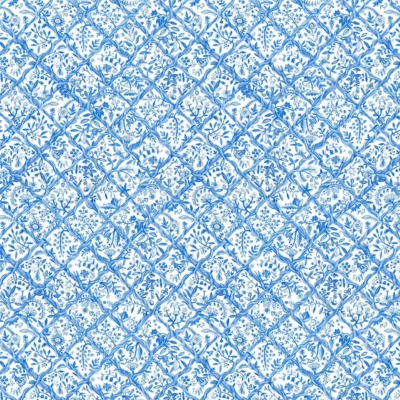 Intricate blue and white floral wallpaper, featuring repeating botanical elements. Geometric lattice-like design reminiscent of a garden trellis. Detailed flowers, leaves, and vines in traditional ceramic tile style.