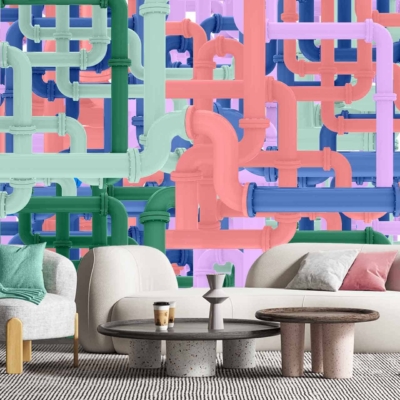 The wallpaper is a colorful mural with intertwined pipes in green, pink, blue, and purple hues. Eclectic design. Vibrant atmosphere.