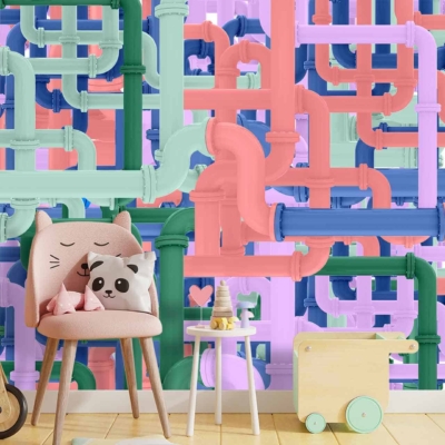Wallpaper features an array of pastel-colored plumbing pipes in shades of pink, blue, green, and yellow. The playful design is accentuated with whimsical curls and loops. Elements include cat face cushions, panda pillows, drinks and ice cream symbols, wooden toy train motifs on a soft light wood background. Decor is bright and adds a cheerful vibe to the room.