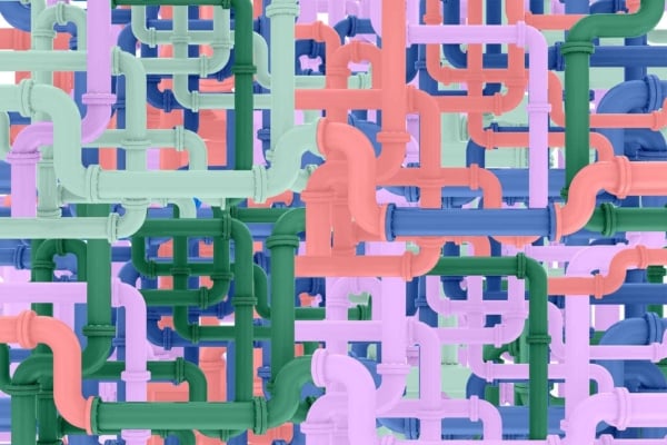A complex and colorful maze of interwoven pipes in various shades of green, red, pink, blue, purple, and orange. Dense and abstract pattern with twisting and turning pipes creating a visually intricate and chaotic design. Highlight: green pipes, red pipes, pink pipes, blue pipes, purple pipes, orange pipes.