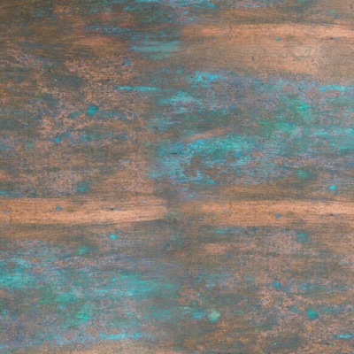 Rustic wallpaper with a textured, distressed surface. Weathered turquoise and bronze colors with irregular patterns. Greenish-blue oxidation and metallic gold tones create an aged appearance.