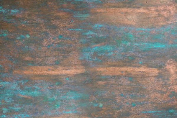 Rustic wallpaper with a textured, distressed surface. Weathered turquoise and bronze colors with irregular patterns. Greenish-blue oxidation and metallic gold tones create an aged appearance.