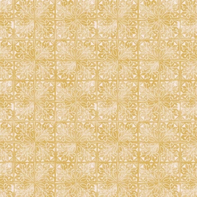 Yellow and white ornate floral geometric pattern reminiscent of traditional tile work. Intricate leaves, abstract floral elements, symmetrical grid format. Repeating seamless visual effect evocative of a garden trellis. Colors: Yellow, White. Elements: Leaves, Floral motifs, Geometric patterns.