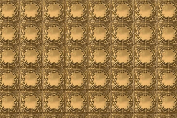 A symmetrical pattern showcasing rows of golden star-like shapes with pointed edges. Each star is encircled by intricate radial lines, forming a textured and ornate design. The wallpaper features rich tones of gold, highlighted by delicate linework creating an elegant and luxurious appearance.