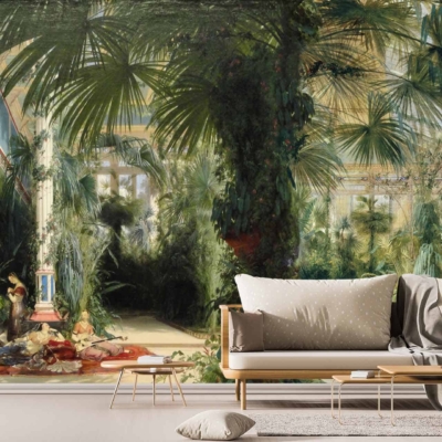 A realistic wall mural featuring a lush indoor garden with towering palm trees and an abundance of leafy plants. Green foliage, shades of dark and light greens, textured palm fronds, intricate leaf patterns, and tropical elements dominate the wallpaper design.