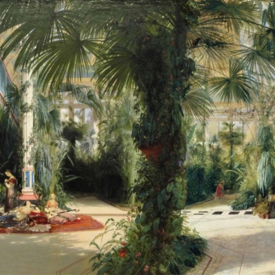 The wallpaper in the Victorian painting features intricate, ornate patterns with motifs of exotic flora. Rich emerald greens, deep golds, and lush blues dominate the design, accented by vibrant splashes of crimson and amethyst. Stylized palm fronds, tropical flowers, and curling vines interweave throughout the pattern. The background has a warm cream hue that allows the botanical elements to stand out vividly.