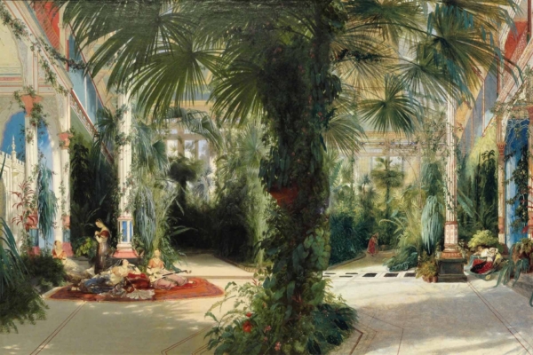 The wallpaper in the Victorian painting features intricate, ornate patterns with motifs of exotic flora. Rich emerald greens, deep golds, and lush blues dominate the design, accented by vibrant splashes of crimson and amethyst. Stylized palm fronds, tropical flowers, and curling vines interweave throughout the pattern. The background has a warm cream hue that allows the botanical elements to stand out vividly.