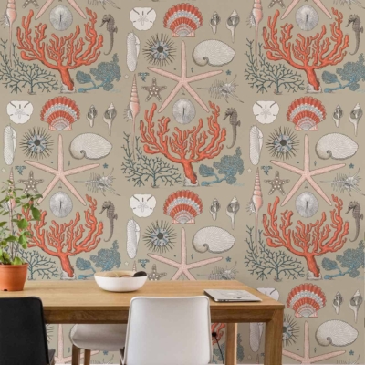 Detailed wallpaper: sea creatures, vintage intricate pattern. Elements include starfish, corals, shells. Colors: shades of blue, green, coral pink, sandy beige.
