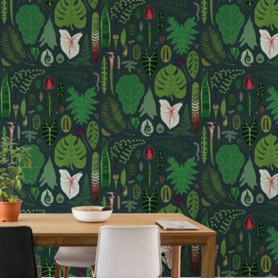 Dark green Montebello botanical wallpaper; various leaf patterns in shades of green; red accents.