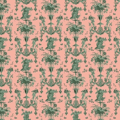 The wallpaper features a pink background with a repeating green toile pattern. Elements include bouquets of flowers in urns, ornate arabesque scroll designs, and cherubs holding floral garlands. The intricate design evokes a classic, vintage look.