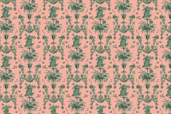 The wallpaper features a pink background with a repeating green toile pattern. Elements include bouquets of flowers in urns, ornate arabesque scroll designs, and cherubs holding floral garlands. The intricate design evokes a classic, vintage look.