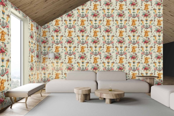 Floral-patterned wallpaper; bears holding flowers; decorative vases; Arabesque motif; multicolored elements including beige, gray, pink, green, and blue.