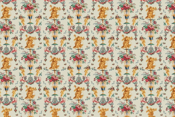 An ornate wallpaper pattern with golden cherubs, vibrant floral arrangements, detailed vases, and green vines. Design features an arabesque style on a light beige background, creating a luxurious vintage effect.