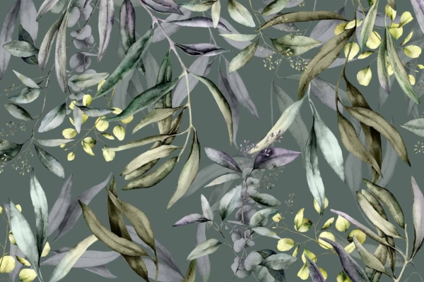 A seamless pattern of watercolor-style green and gray leaves with clusters of small yellow flowers on a muted green background. Elements include intricate foliage, lush botanical design, and elegant natural motifs. Predominant colors: green, gray, yellow.