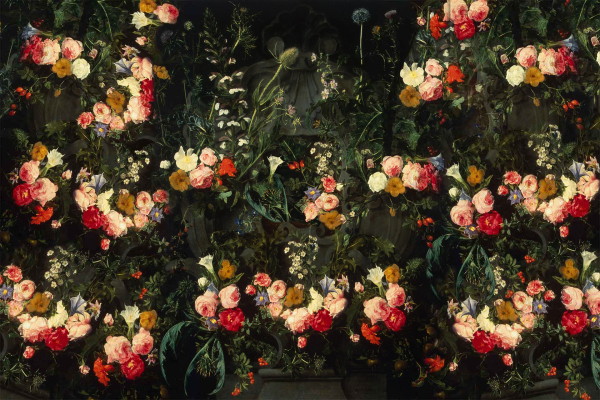 A lush, dark floral wallpaper featuring vibrant shades of red, white, pink, and yellow flowers. The ornate display includes roses, daisies, and peonies set against a rich dark background. The colors and intricate details stand out like Cupid's arrow hitting its mark.