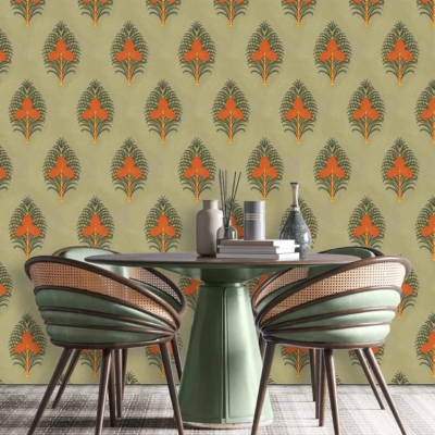Intricate floral patterned wallpaper with light green background, featuring orange and dark green elements.