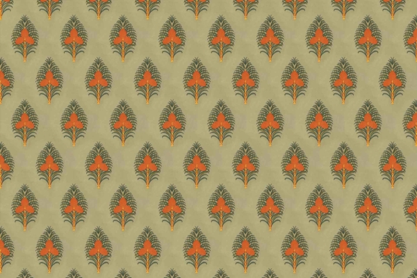 A quaint, seamless wallpaper pattern featuring rows of stylized orange and green floral motifs on a light beige background. The floral designs are evenly spaced and create a symmetrical, repeating design. Perfect for decor enthusiasts seeking charming patterns.