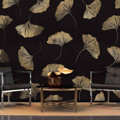 Stylish wallpaper with a black background and intricate, metallic gold ginkgo leaf pattern. Key elements: black backdrop, gold ginkgo leaves.