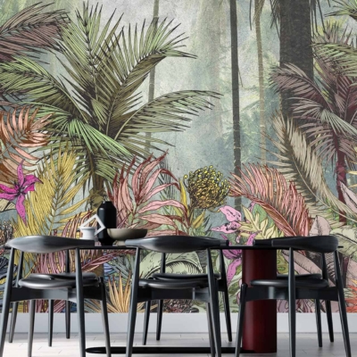 The wallpaper features a vibrant, Arabesque-inspired mural with colorful, detailed elements including palm leaves and tropical plants. The design is lively and exotic, showcasing a rich palette of greens, blues, reds, oranges, and yellows.