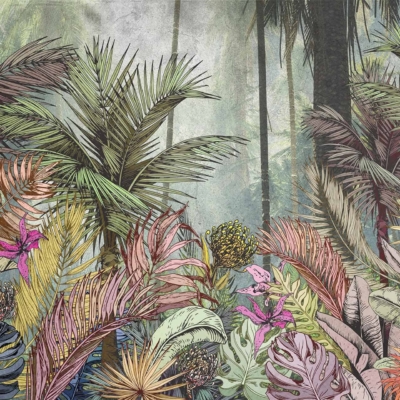 A vibrant tropical forest wallpaper featuring dense palm trees, colorful foliage, and bright flowers in the foreground. The background transitions to a misty ambiance with Moorish design elements woven subtly through the ornamentation. Rich greens, vivid reds, sunny yellows, and deep purples dominate the palette.