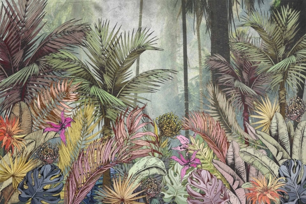 A vibrant tropical forest wallpaper featuring dense palm trees, colorful foliage, and bright flowers in the foreground. The background transitions to a misty ambiance with Moorish design elements woven subtly through the ornamentation. Rich greens, vivid reds, sunny yellows, and deep purples dominate the palette.