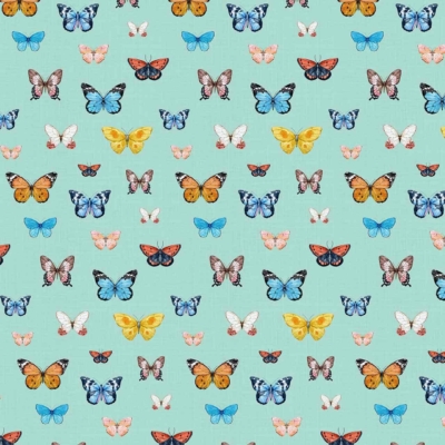 A light teal background adorned with vibrant butterflies in blue, yellow, orange, red, and white. The colorful butterflies are evenly dispersed across the wallpaper, creating a lively and eye-catching design.