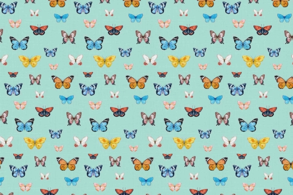 A light teal background adorned with vibrant butterflies in blue, yellow, orange, red, and white. The colorful butterflies are evenly dispersed across the wallpaper, creating a lively and eye-catching design.