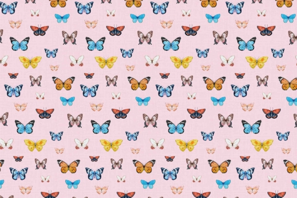 A quaint, seamless wallpaper pattern with colorful butterflies on a light pink background. Butterflies in shades of blue, yellow, orange, and black are evenly distributed, creating a vibrant and lively display. Elements: butterfly pattern, light pink background. Colors: blue butterflies, yellow butterflies, orange butterflies, black butterflies.