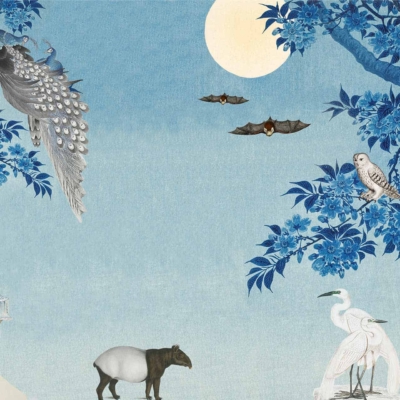 Wallpaper features a serene landscape with a full moon, exotic birds, and animals painted in shades of blue and white. Highlights include:
- Peacock and owl perched on trees
- Deer and two cranes below
- Japanese castle on the left
- Two bats flying in the sky
Elements: full moon, peacock, owl, deer, cranes, Japanese castle, bats.
Colors: blue and white.