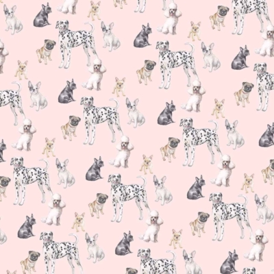 Seamless pattern wallpaper; light pink background, Dalmatians, Chihuahuas, French Bulldogs, Pugs; various postures and sizes; playful and lively design. Key elements: dog breeds, pink backdrop.