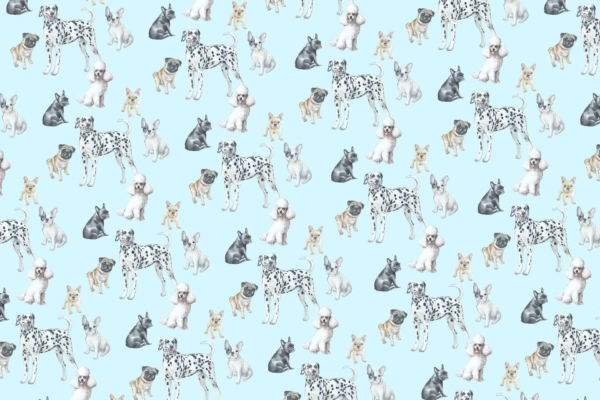 Wallpaper features illustrated dogs in various breeds including Dalmatians, French Bulldogs, Pugs, and others. Dogs in different playful poses on a light blue background. Elements: Dalmatians, French Bulldogs, Pugs. Colors: light blue background with multicolored dogs. Seamless design pattern for playful decor.