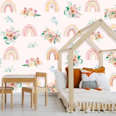 Pastel rainbows and floral patterns.