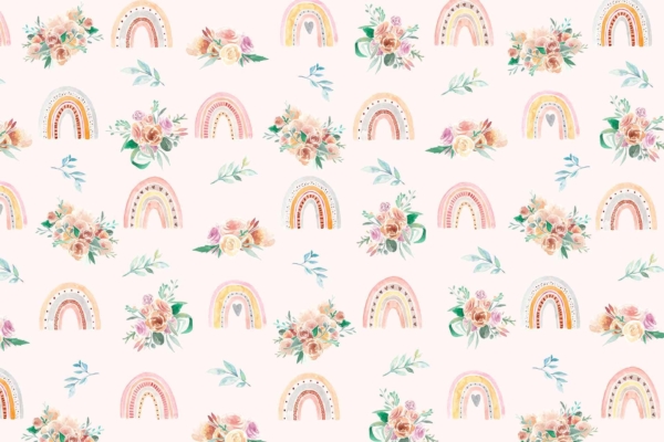 A quaint seamless pattern featuring pastel-colored rainbows, floral bouquets, and green leaves on a light beige background. Rainbows in pink, orange, yellow, and light blue. Bouquets with flowers in soft warm hues with green foliage.