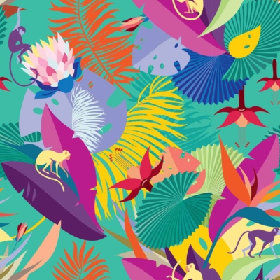 A vibrant, tropical-themed wallpaper featuring a teal canvas backdrop adorned with large leaves in shades of orange, purple, and green. Interspersed with exotic flowers and lively scenes of playful monkeys. Highlighting colorful foliage in vivid hues and dynamic wildlife elements.