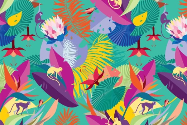 A vibrant, tropical-themed wallpaper featuring a teal canvas backdrop adorned with large leaves in shades of orange, purple, and green. Interspersed with exotic flowers and lively scenes of playful monkeys. Highlighting colorful foliage in vivid hues and dynamic wildlife elements.