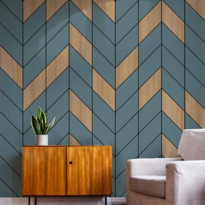 The wallpaper features a stylish chevron pattern in blue and natural wood tones.