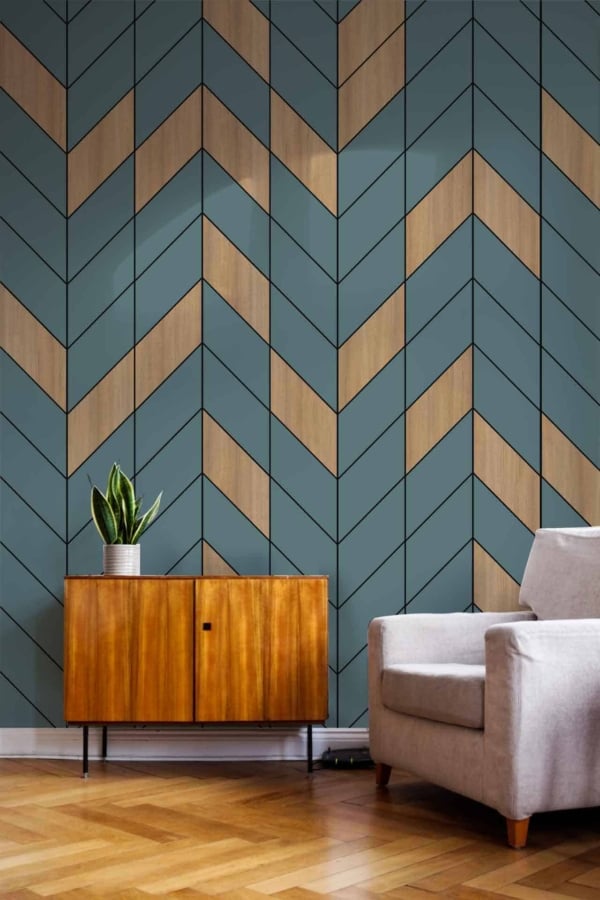The wallpaper features a stylish chevron pattern in blue and natural wood tones.