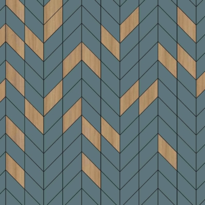 The wallpaper showcases a clean-cut chevron pattern with alternating strips of deep blue and light wood grain. The zigzag design creates a visually appealing effect, seamlessly blending modern elements with natural textures. Key features include:

- Chevron pattern
- Deep blue strips
- Light wood grain strips
- Zigzag arrangement

Keywords: chevron, deep blue, light wood grain, zigzag, modern-natural blend.