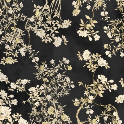 Seamless floral wallpaper with white and pale yellow flowers, green leaves, and vines on a dark black background. Intricate design with flowering branches spread across the image. Colors: white, pale yellow, green, black.