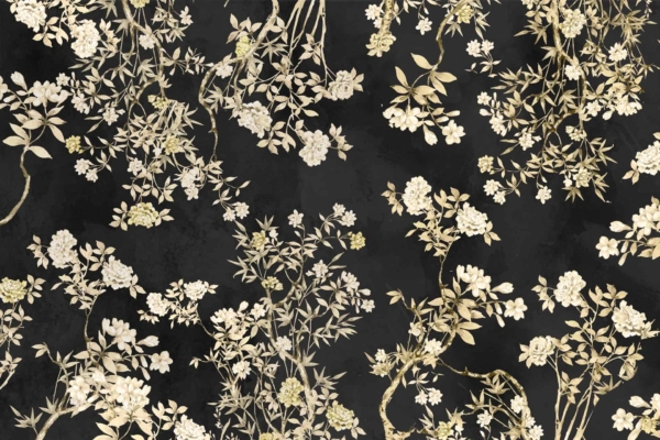 Seamless floral wallpaper with white and pale yellow flowers, green leaves, and vines on a dark black background. Intricate design with flowering branches spread across the image. Colors: white, pale yellow, green, black.