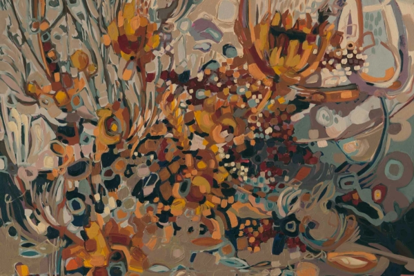 Vibrant abstract wallpaper, mosaic of colorful shapes, intricate patterns. Dominant hues: oranges, yellows, browns. Cooler blues and greens interspersed. Dynamic floral scene suggested. Intricate textures with bursts of Red Ericas highlights.