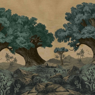 Scenic wallpaper: Forest with large, dense trees in the foreground, smaller trees, rocks, plants scattered throughout. Distant background has palm trees and birds. Subtle light brown sky. Elements: dense foliage, forest landscape, palm trees, wildlife. Colors: green (various shades), brown (light to dark), subtle light brown sky.