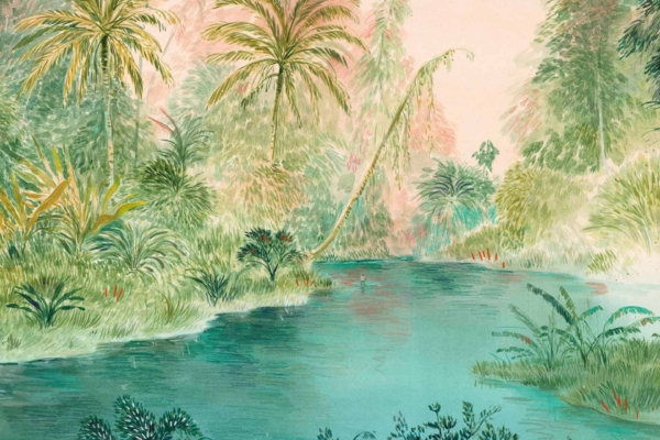 Wallpaper featuring a serene tropical scene: lush greenery, various palm trees, ferns, bushes along the banks of a tranquil turquoise river. Soft foliage reflections in calm water. Peaceful and vibrant natural setting inviting exploration. Elements include tropical plants and clear water with shades of green and blue.
