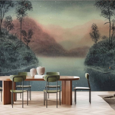 The wallpaper in the minimalist dining room features a scenic mural depicting a tranquil lake, misty mountains, and lush greenery. Key elements include water, mountains, trees, and an exploration theme. Colors present are green, blue, gray, and natural earth tones.