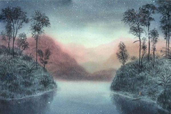 Serene mist-covered lake wallpaper, framed by dense tall trees, with hills in the background. Hazy sky speckled with stars adds a dreamlike quality. Small boat with solitary figure near right edge of lake. Tranquil scene invites exploration thoughts. Elements: lake, mist, trees, hills, stars, boat. Colors: blues, greens, grays.