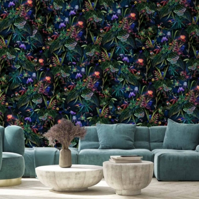 The wallpaper features a dark, colorful floral design with intricate patterns that exude timeless elegance. Elements include detailed blooms, graceful vines, and ornate leaves in hues of deep teal, rich emerald green, royal purple, burnt orange, and hints of gold. The elaborate artistry creates a sense of depth and sophistication against the dark background.
