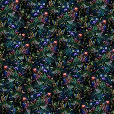 Dense, dark jungle-themed wallpaper; vibrant plants and flowers; large tropical leaves; colorful blossoms in shades of blue, red, and orange; hidden butterflies and small insects.