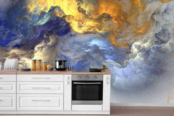 A vibrant mural of abstract swirling clouds in shades of blue, yellow, and white adorns the wall behind the counter. This wallpaper features dynamic, force field-like visual elements that energize the space with its colorful and flowing design.