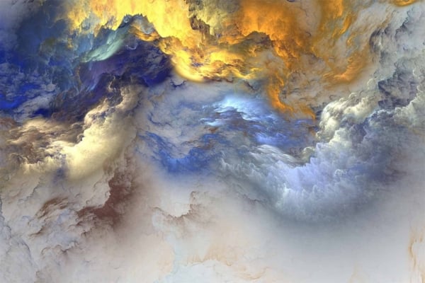 Swirling clouds in vibrant yellow, blue, orange, and white blend seamlessly together, creating patterns reminiscent of a dramatic sky or cosmic nebula. The wallpaper highlights ethereal force fields with glowing accents, giving it an otherworldly feel. Perfect for searches related to digital abstract art featuring dynamic cloud formations and vivid color schemes.