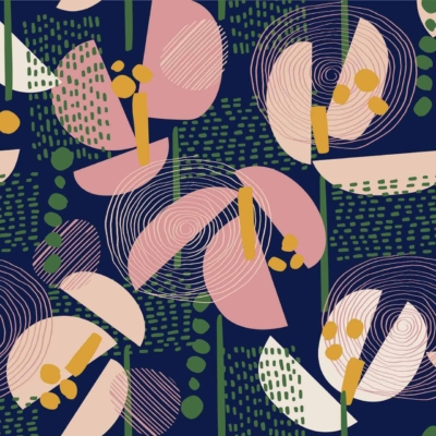 Vibrant abstract wallpaper with geometric shapes and floral elements: pink and cream semicircles, green dots, yellow circles, and spiral lines on a dark navy blue background; dynamic modern design with house funk flair.